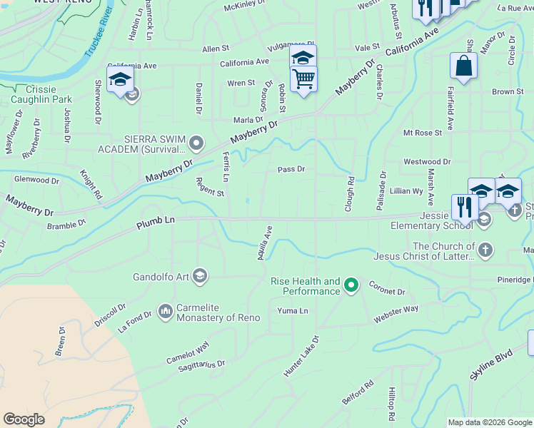 map of restaurants, bars, coffee shops, grocery stores, and more near 1575 Krupp Circle in Reno