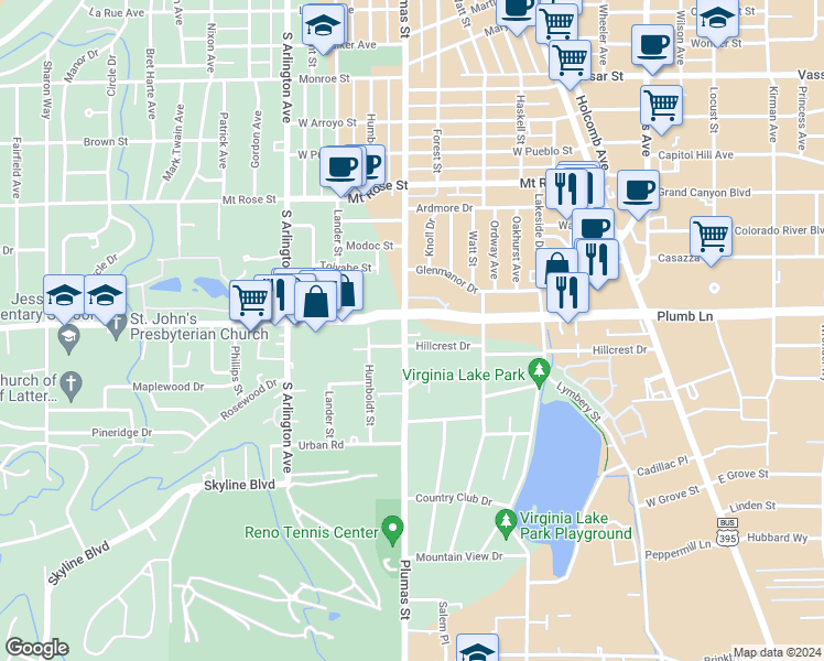 map of restaurants, bars, coffee shops, grocery stores, and more near 1990 Plumas Street in Reno