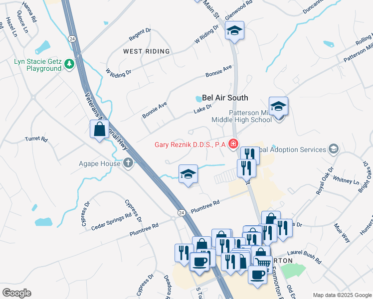 map of restaurants, bars, coffee shops, grocery stores, and more near 50 Crystal Court in Bel Air