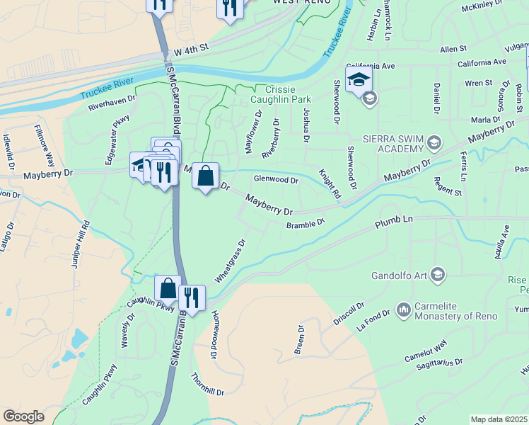map of restaurants, bars, coffee shops, grocery stores, and more near 3111 Bramble Drive in Reno