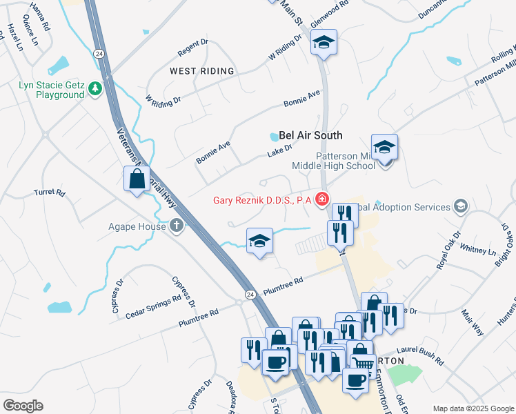 map of restaurants, bars, coffee shops, grocery stores, and more near 50 Crystal Court in Bel Air