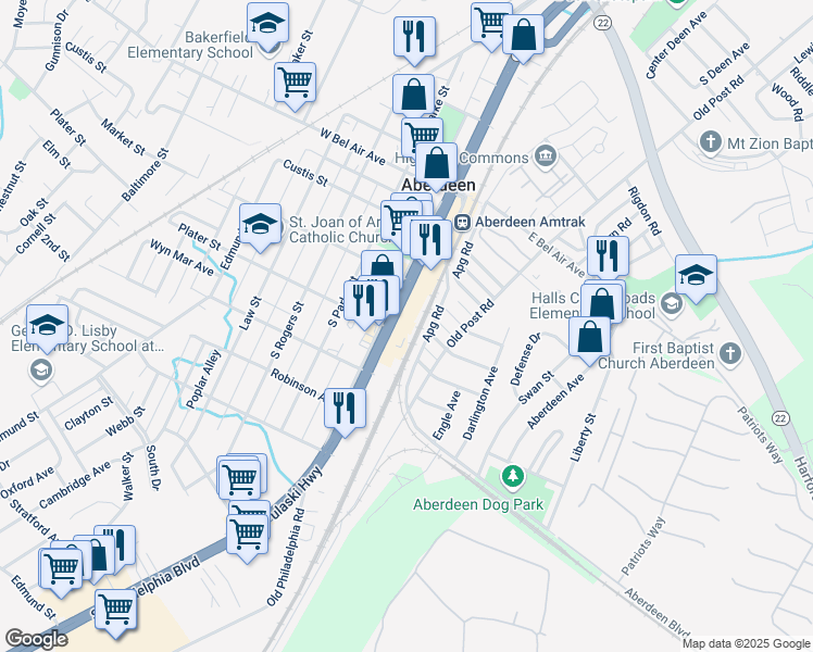 map of restaurants, bars, coffee shops, grocery stores, and more near 237 South Philadelphia Boulevard in Aberdeen