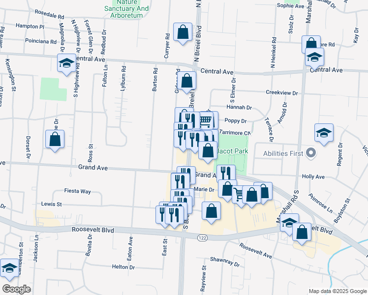 map of restaurants, bars, coffee shops, grocery stores, and more near 500 South Breiel Boulevard in Middletown