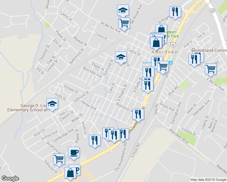 map of restaurants, bars, coffee shops, grocery stores, and more near 421 Law Street in Aberdeen