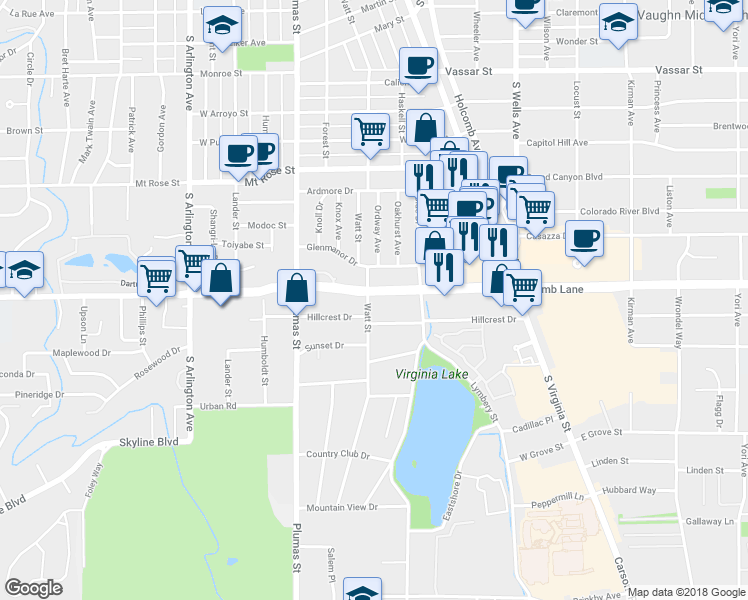 map of restaurants, bars, coffee shops, grocery stores, and more near 1810 Watt Street in Reno