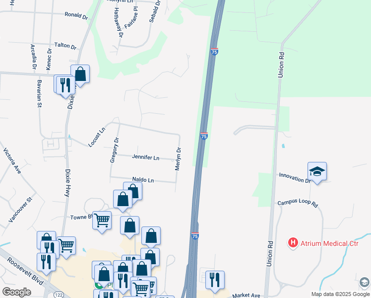 map of restaurants, bars, coffee shops, grocery stores, and more near 4198 Merlyn Drive in Middletown