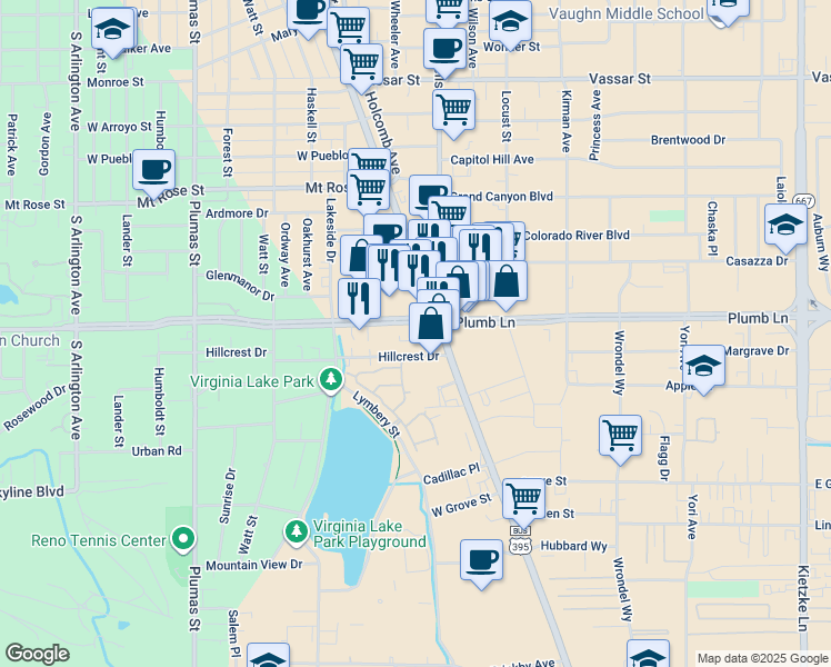 map of restaurants, bars, coffee shops, grocery stores, and more near 1901 South Virginia Street in Reno