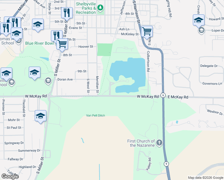 map of restaurants, bars, coffee shops, grocery stores, and more near 310 Peninsula Drive in Shelbyville