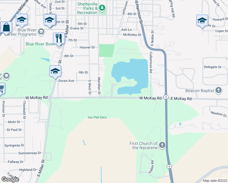 map of restaurants, bars, coffee shops, grocery stores, and more near 310 Peninsula Drive in Shelbyville
