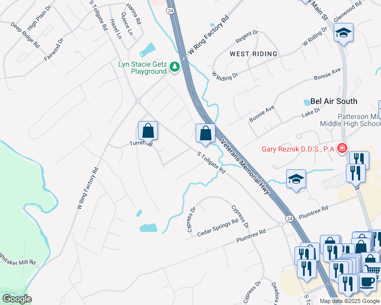 map of restaurants, bars, coffee shops, grocery stores, and more near 1400 South Tollgate Road in Bel Air