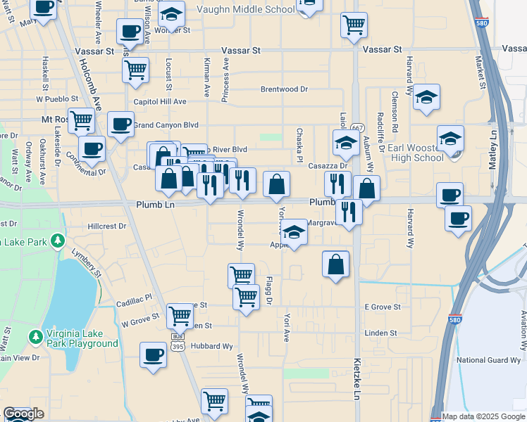 map of restaurants, bars, coffee shops, grocery stores, and more near 560 East Plumb Lane in Reno