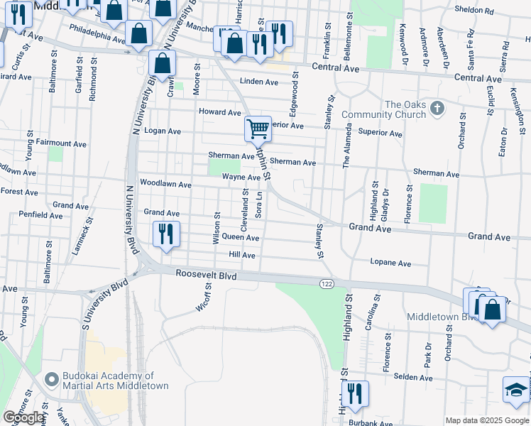 map of restaurants, bars, coffee shops, grocery stores, and more near 624 Wicoff Street in Middletown