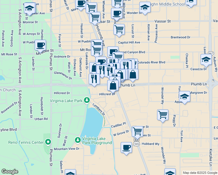 map of restaurants, bars, coffee shops, grocery stores, and more near 1901 South Virginia Street in Reno