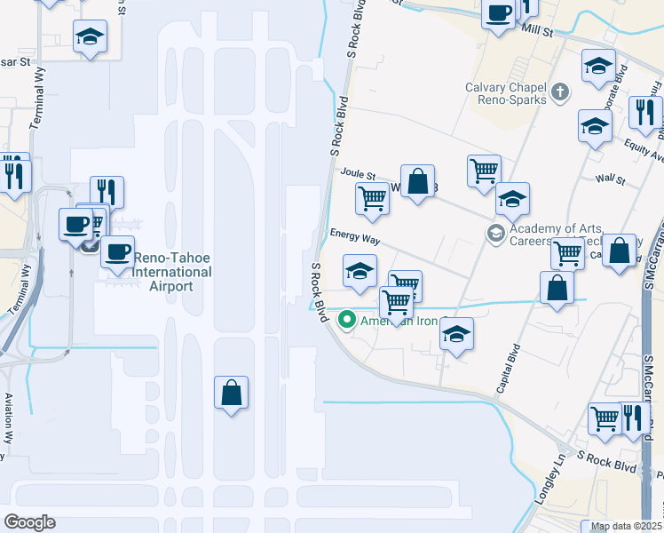 map of restaurants, bars, coffee shops, grocery stores, and more near 520 South Rock Boulevard in Reno