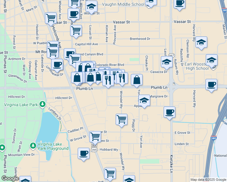 map of restaurants, bars, coffee shops, grocery stores, and more near 450 East Plumb Lane in Reno