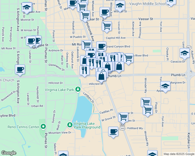 map of restaurants, bars, coffee shops, grocery stores, and more near 1901 South Virginia Street in Reno
