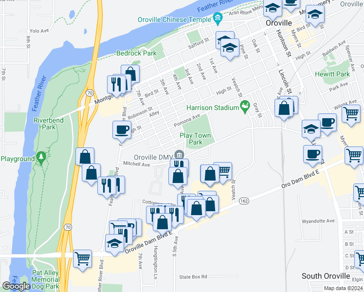 map of restaurants, bars, coffee shops, grocery stores, and more near 1872 5th Avenue in Oroville