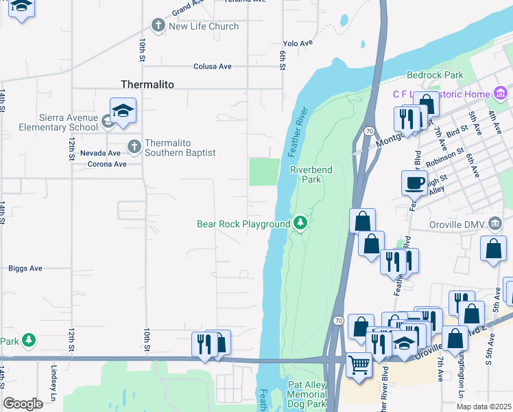 map of restaurants, bars, coffee shops, grocery stores, and more near 35 River Bluff Drive in Oroville