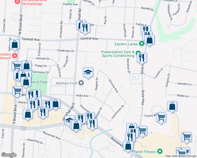 map of restaurants, bars, coffee shops, grocery stores, and more near 401 Regent Drive in Middletown