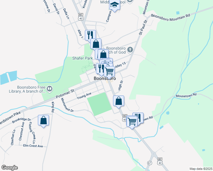 map of restaurants, bars, coffee shops, grocery stores, and more near 28 South Main Street in Boonsboro