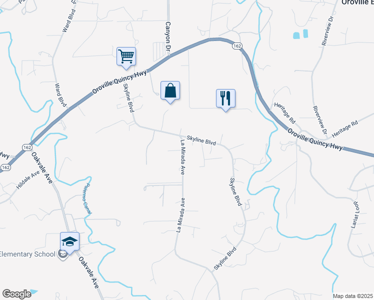 map of restaurants, bars, coffee shops, grocery stores, and more near 25 La Mirada Avenue in Oroville