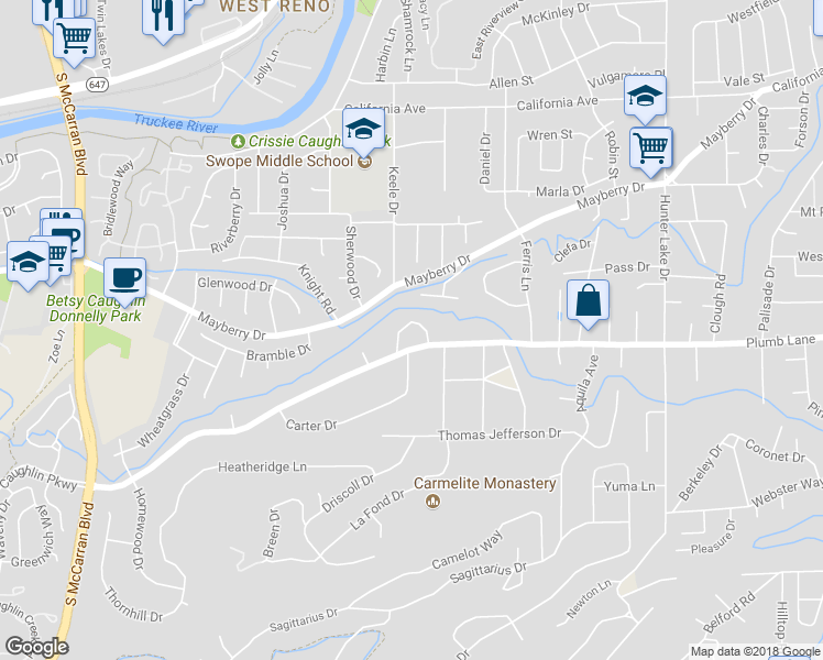 map of restaurants, bars, coffee shops, grocery stores, and more near 45 Suda Way in Reno