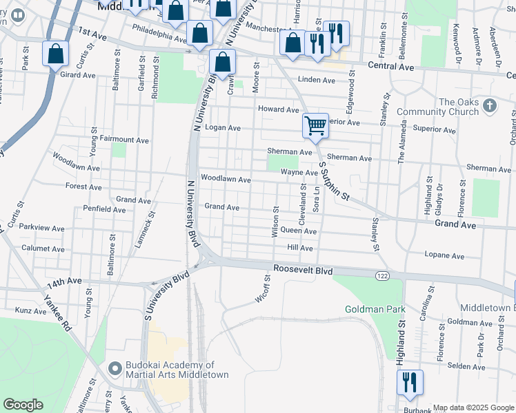 map of restaurants, bars, coffee shops, grocery stores, and more near 2007 Grand Ave in Middletown