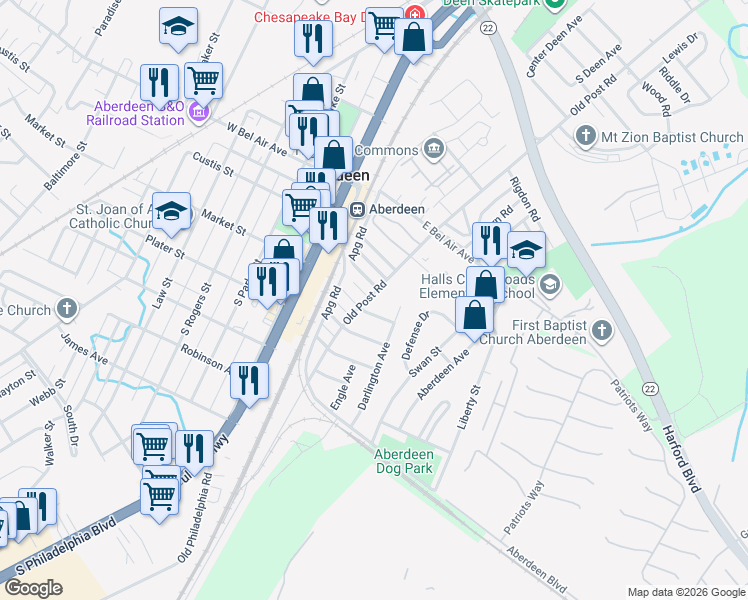 map of restaurants, bars, coffee shops, grocery stores, and more near 107 Old Post Road in Aberdeen
