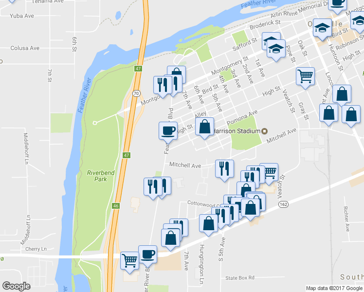 map of restaurants, bars, coffee shops, grocery stores, and more near 535 Pomona Avenue in Oroville