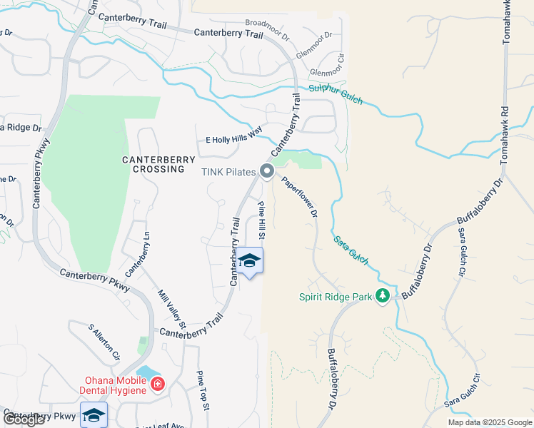 map of restaurants, bars, coffee shops, grocery stores, and more near 11630 Pine Hill Street in Parker