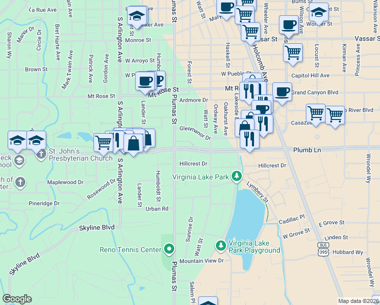 map of restaurants, bars, coffee shops, grocery stores, and more near 470 West Plumb Lane in Reno