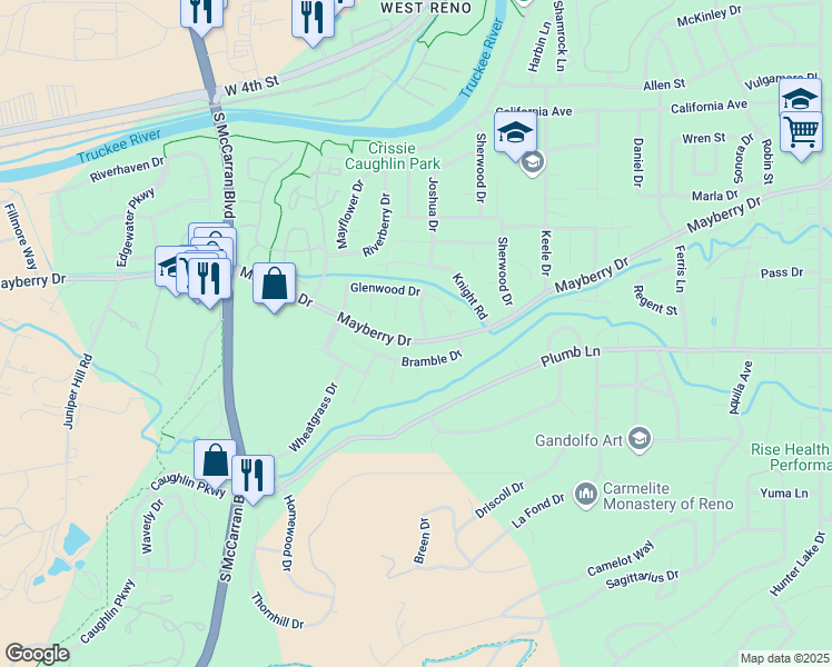 map of restaurants, bars, coffee shops, grocery stores, and more near 1485 Joshua Drive in Reno