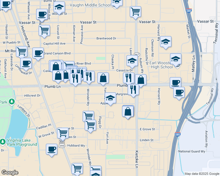 map of restaurants, bars, coffee shops, grocery stores, and more near 620 East Plumb Lane in Reno