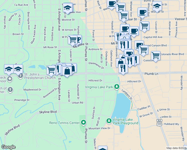 map of restaurants, bars, coffee shops, grocery stores, and more near 470 West Plumb Lane in Reno