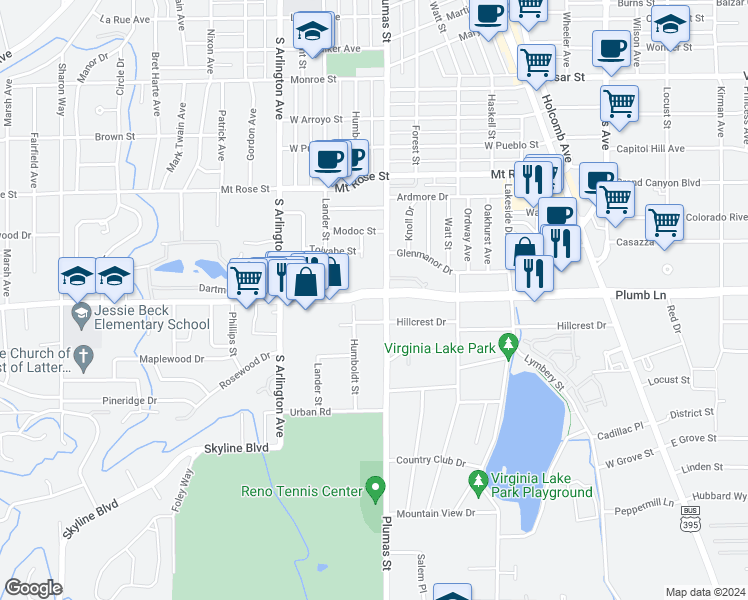 map of restaurants, bars, coffee shops, grocery stores, and more near 1987 Plumas Street in Reno