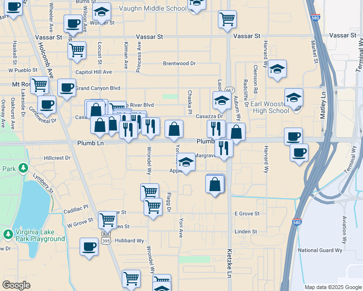 map of restaurants, bars, coffee shops, grocery stores, and more near 620 East Plumb Lane in Reno