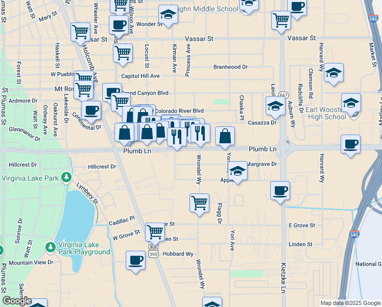 map of restaurants, bars, coffee shops, grocery stores, and more near 410 East Plumb Lane in Reno