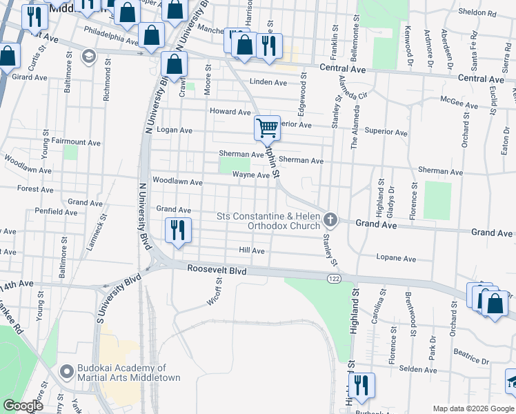 map of restaurants, bars, coffee shops, grocery stores, and more near 619 Cleveland Street in Middletown