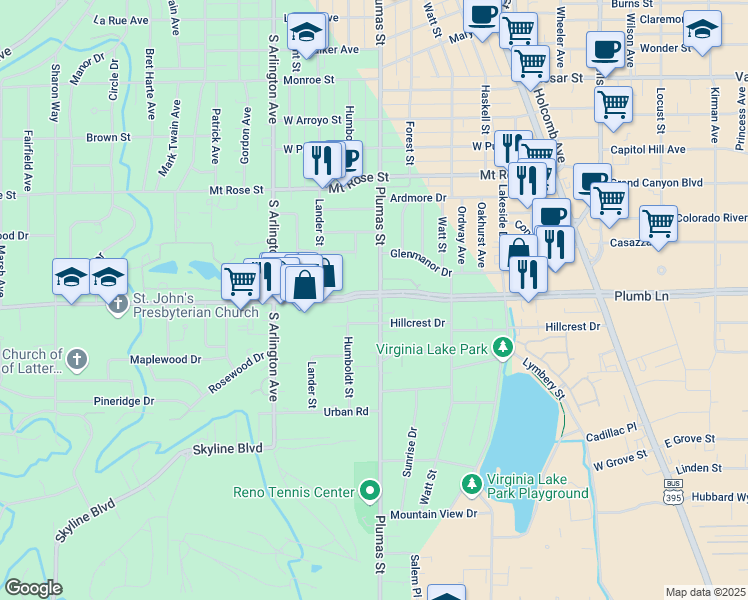 map of restaurants, bars, coffee shops, grocery stores, and more near 1987 Plumas Street in Reno