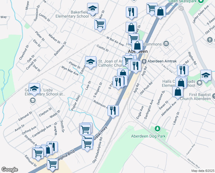 map of restaurants, bars, coffee shops, grocery stores, and more near 320 South Parke Street in Aberdeen