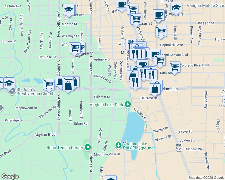 map of restaurants, bars, coffee shops, grocery stores, and more near W Plumb Ln & Watt St in Reno