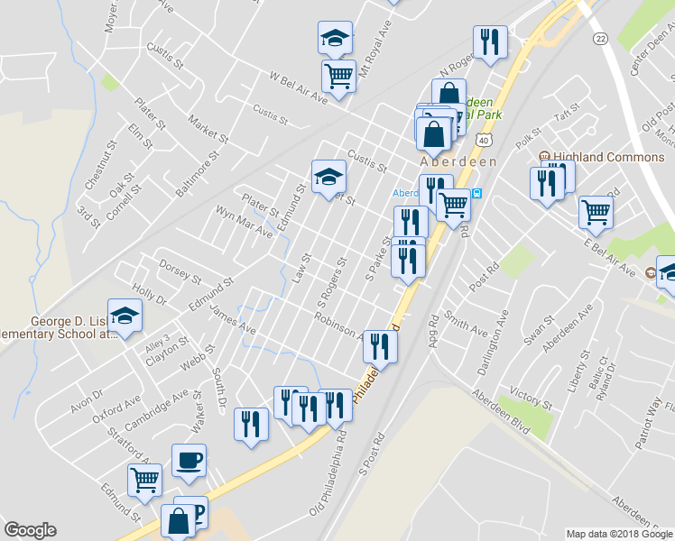 map of restaurants, bars, coffee shops, grocery stores, and more near 360 South Rogers Street in Aberdeen