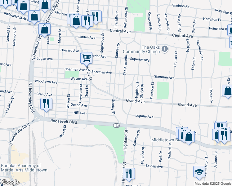 map of restaurants, bars, coffee shops, grocery stores, and more near 613 Stanley Street in Middletown