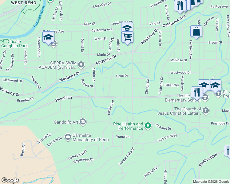 map of restaurants, bars, coffee shops, grocery stores, and more near 1575 Krupp Circle in Reno