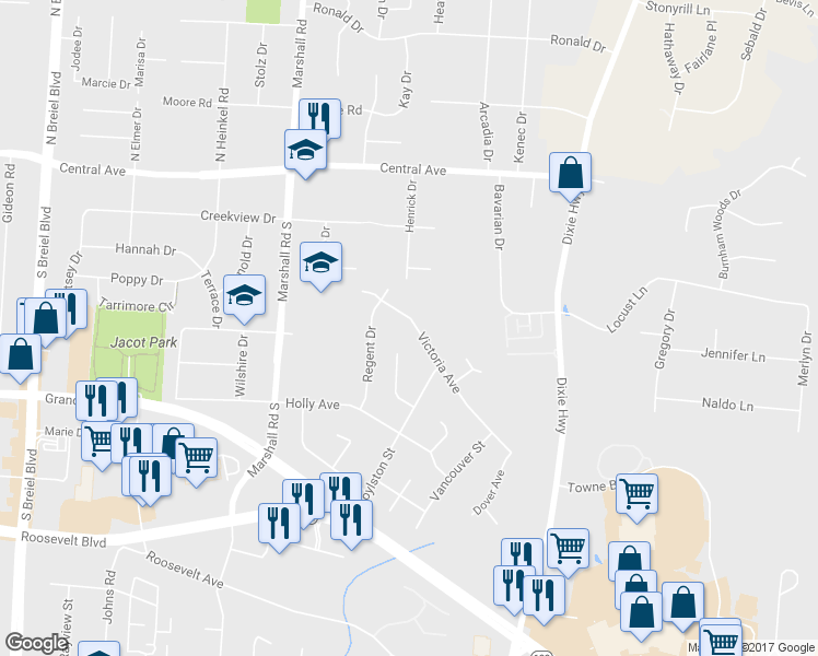map of restaurants, bars, coffee shops, grocery stores, and more near 4820 Victoria Avenue in Middletown