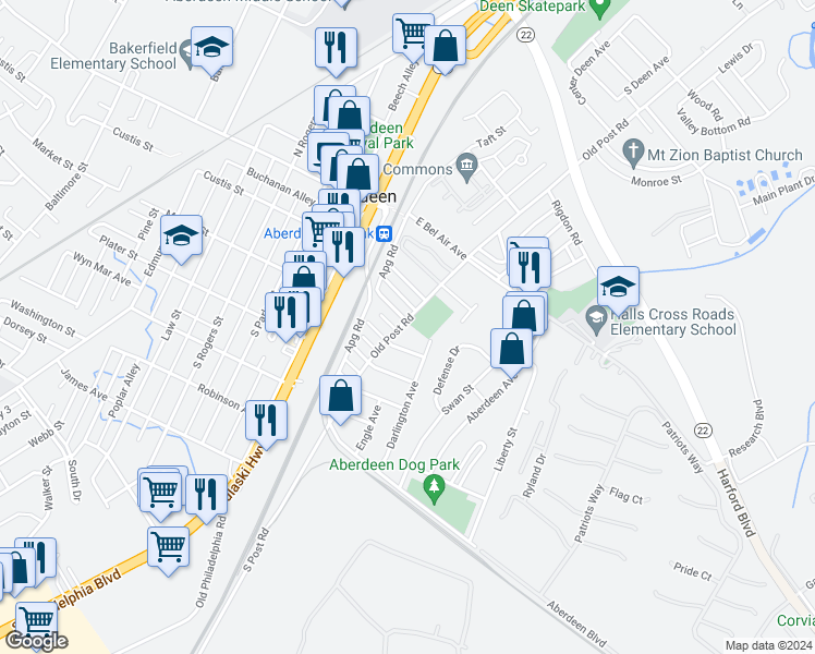 map of restaurants, bars, coffee shops, grocery stores, and more near 103 Old Post Road in Aberdeen