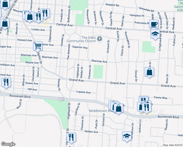 map of restaurants, bars, coffee shops, grocery stores, and more near 605 Florence Street in Middletown