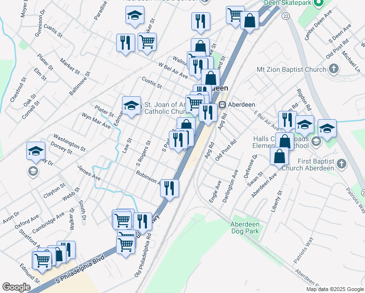 map of restaurants, bars, coffee shops, grocery stores, and more near 232 South Philadelphia Boulevard in Aberdeen