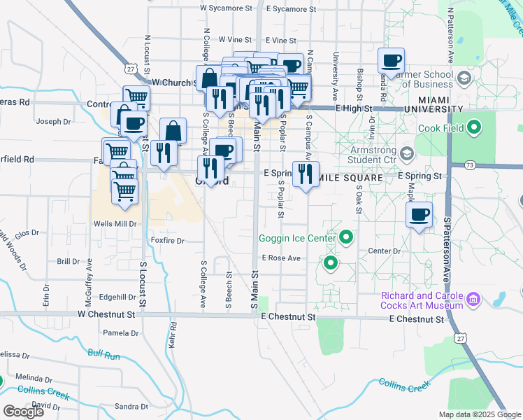 map of restaurants, bars, coffee shops, grocery stores, and more near 1 Wooster Place in Oxford