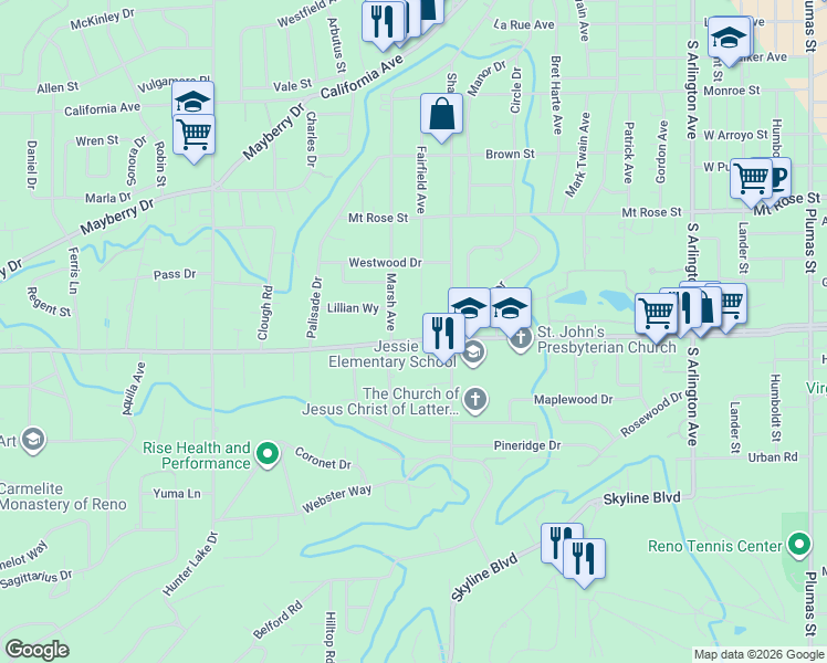 map of restaurants, bars, coffee shops, grocery stores, and more near 1125 West Plumb Lane in Reno